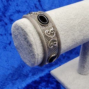 Vintage Celebrity NY Faux Black Onyx & Silver Tone Panther Link Mesh Bracelet, S